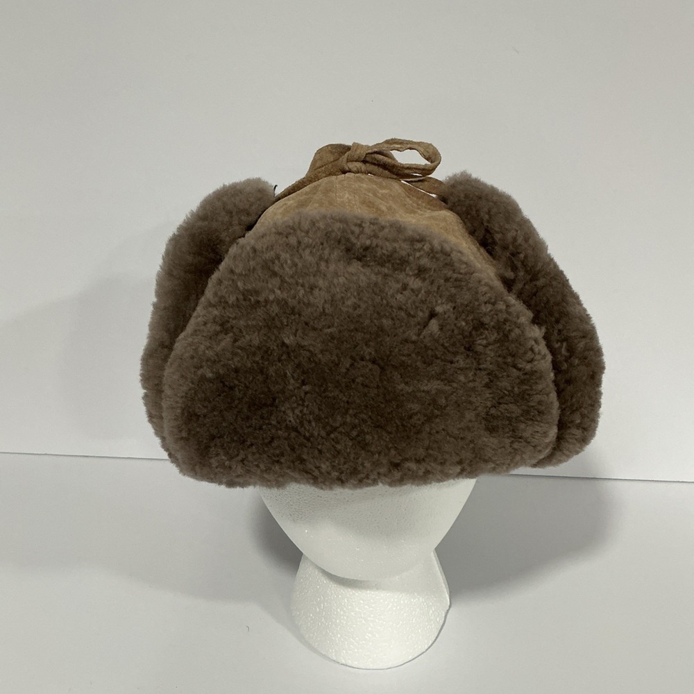 Vintage 1987 Crown Cap Canada Leather Mouton Fur Trapper Hat, Ear Flaps, Medium